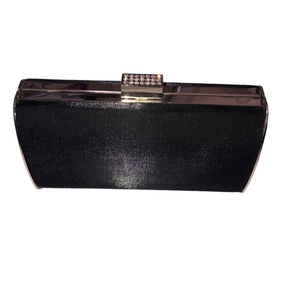 Clutch Handbag Satin Black Silver Chain Sparkle Clam Shell Evening Formal - Picture 1 of 7